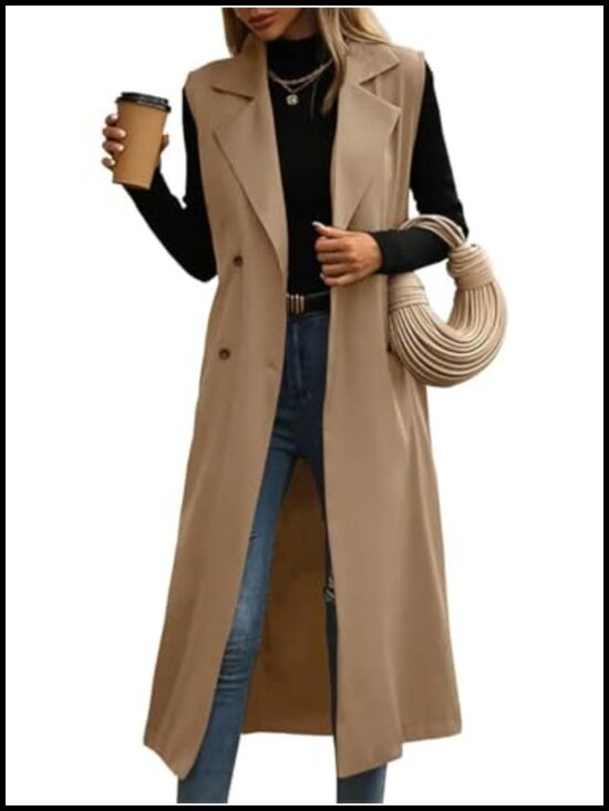 Jackets & Blazers - Sleeveless Double Breasted Trench Vest with Self Belt Notch Lapel Pockets